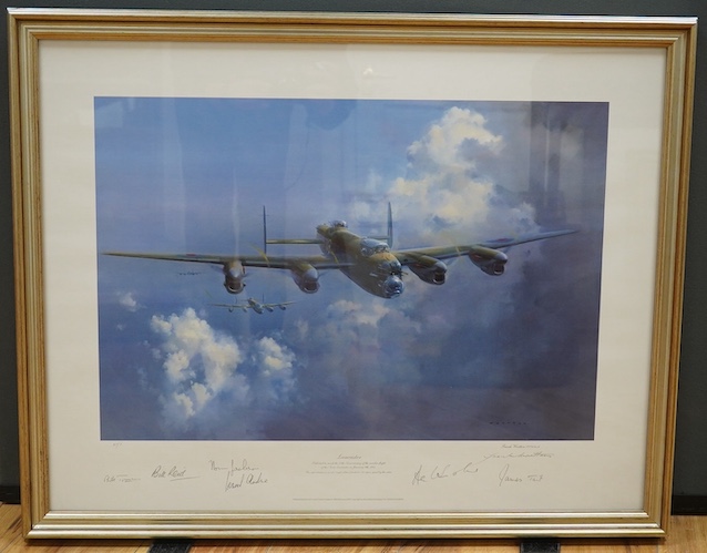 Frank Wootton (1911-1998), artist's proof colour print, ‘Lancaster’, with various signatures including Bill Reid and James Tait, Stacy Marks inscribed gallery label verso, 58 x 75cm. Condition - good